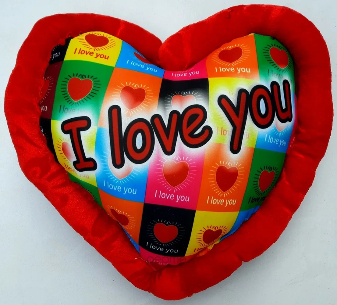 heart shaped cushion, i love you, red, multi color background, 14x14 in 1