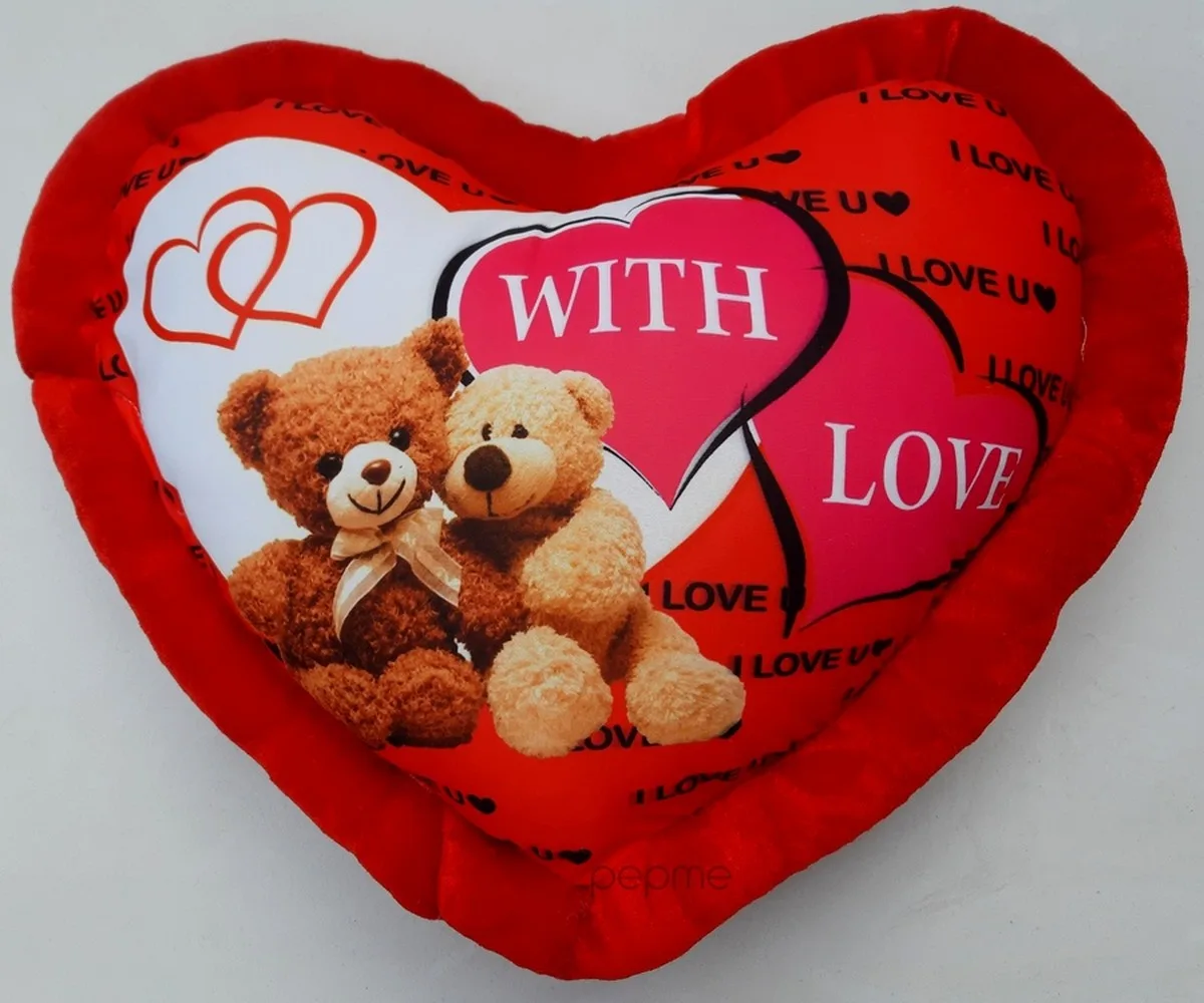 heart shaped cushion, teddy couple, red, with love, 18x18 in 1