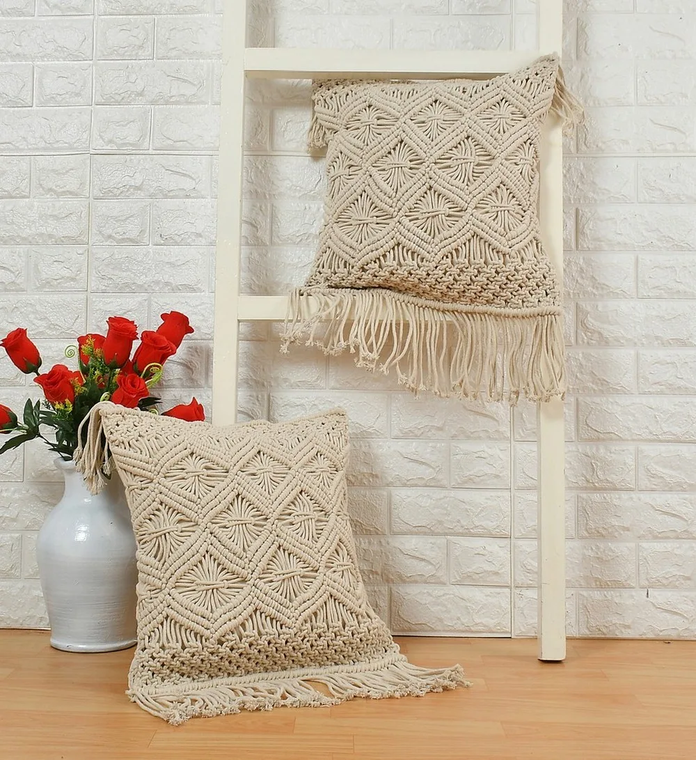 macrame cushion cover, triangle diamond, 16x16 inches, panel