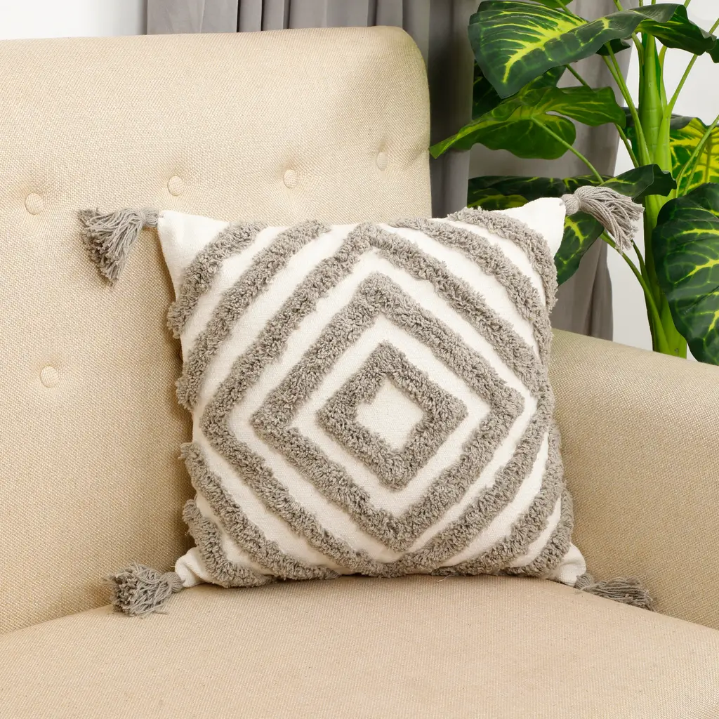 tufted concentric diamond cushion cover, grey, white, 16x16 1