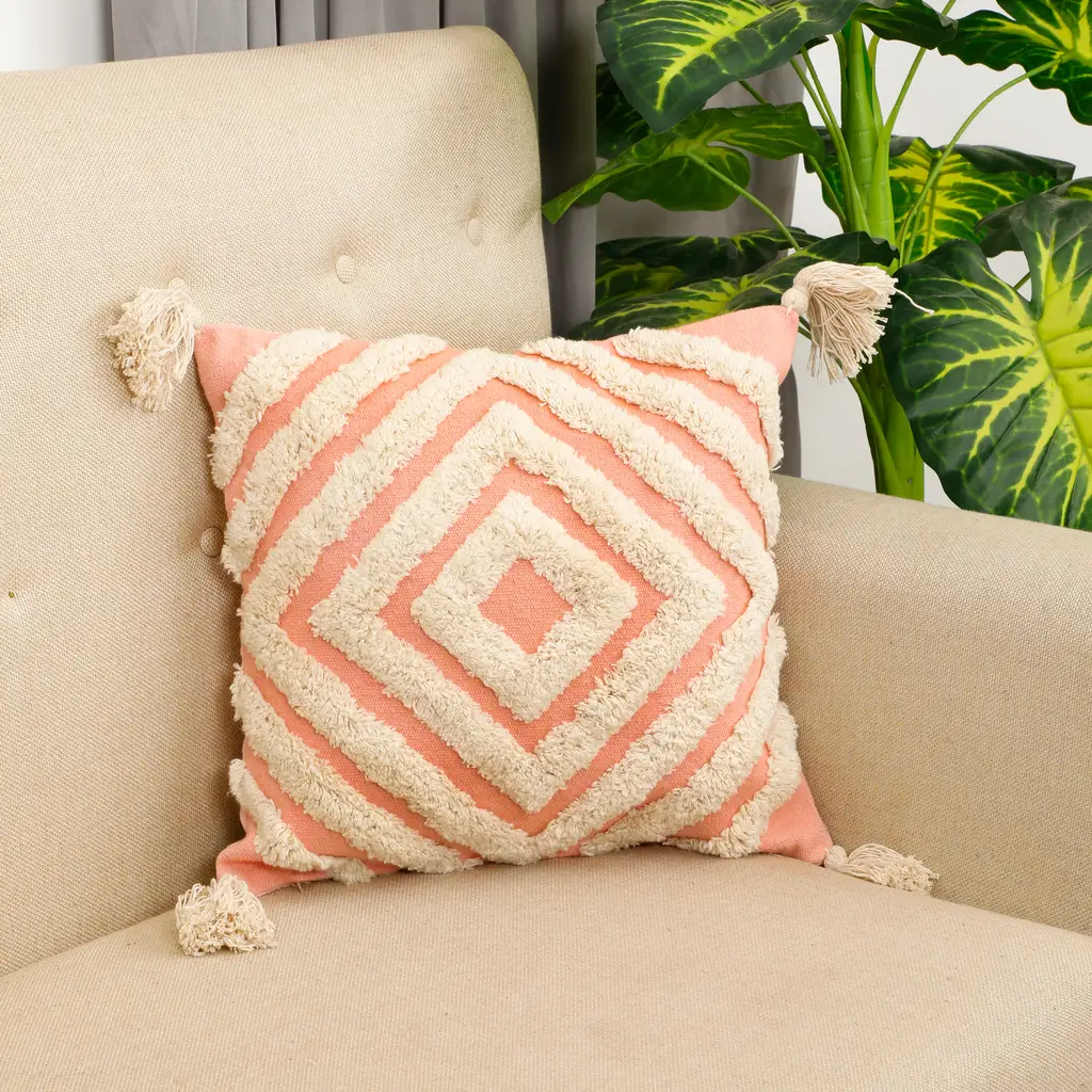 tufted concentric diamond cushion cover, pink, white, 16x16 1