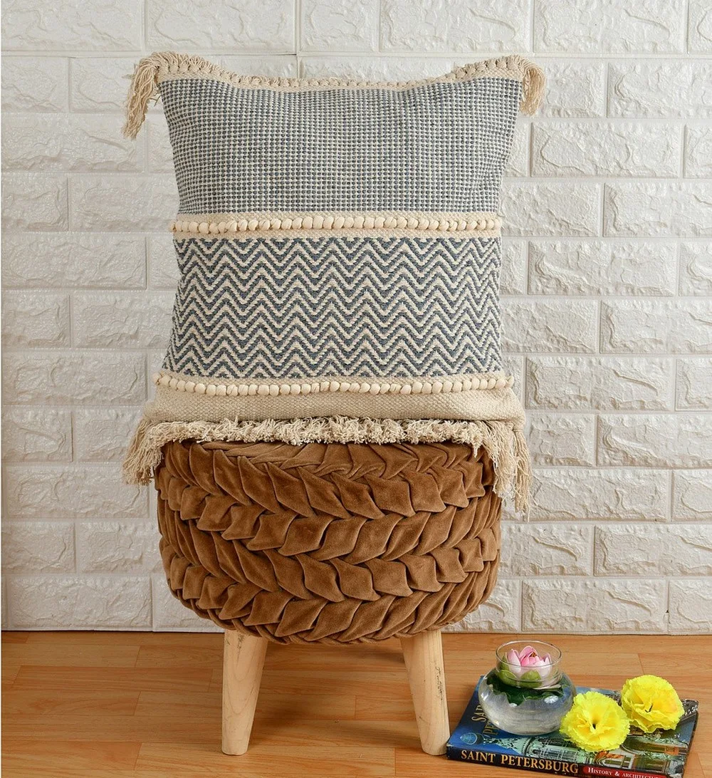 blue zigzag boondi lace tufted cushion cover, 18x18, cotton 1