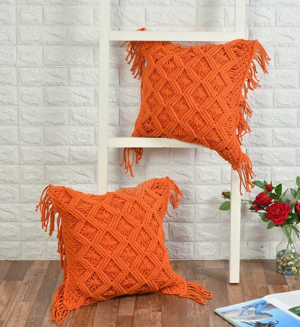 macrame cushion cover, zig zag lines diamond boxes, 18x18, orange 1