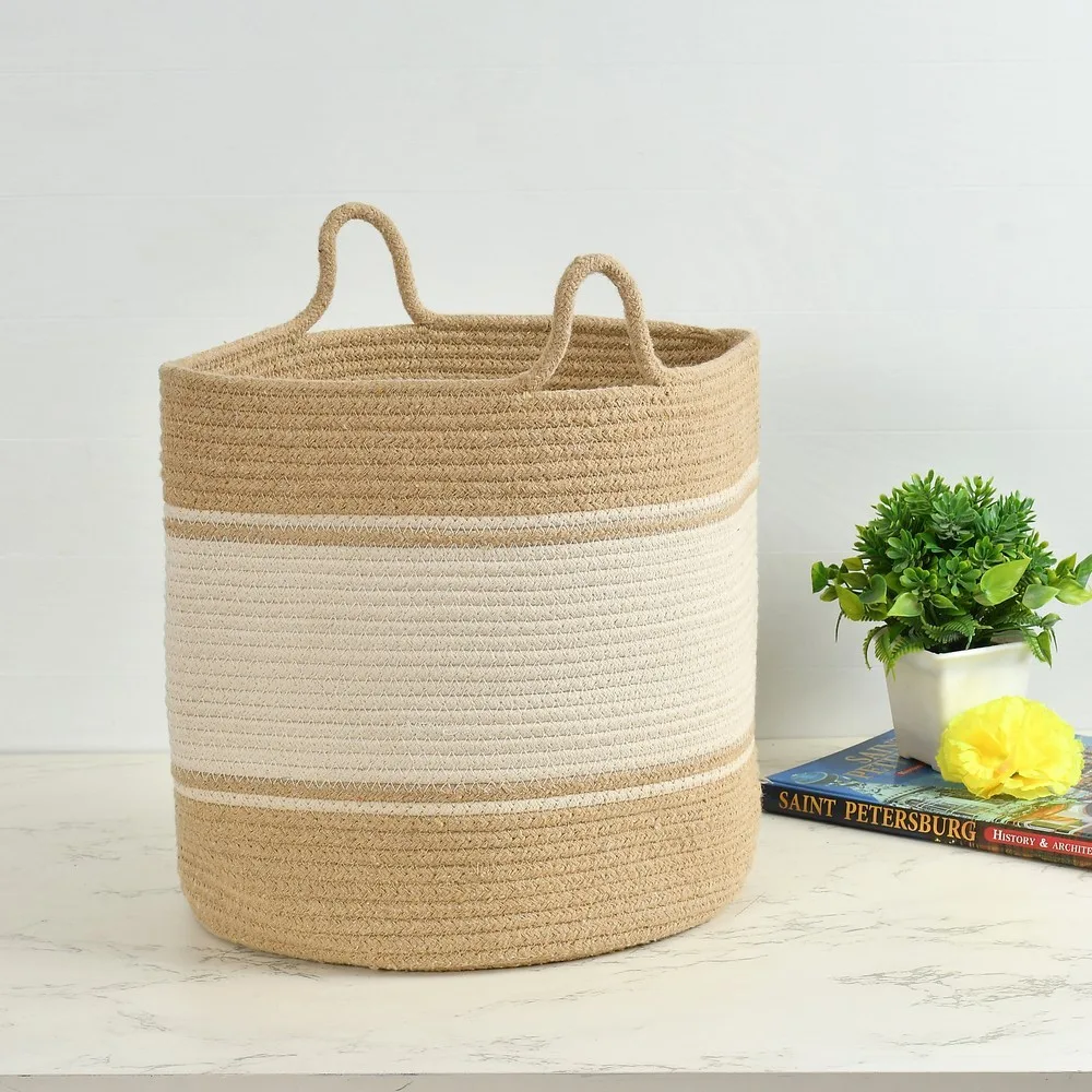 top bottom broader block thin stripe planter basket, beige, white, 8x8, pack of 2