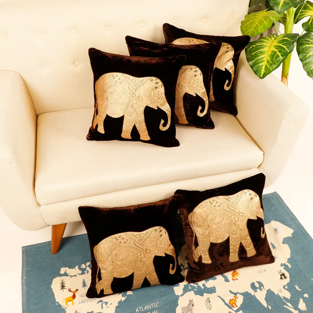 elephant design viscose velvet cushion cover, brown, golden, 16x16 inches, set of 5 1