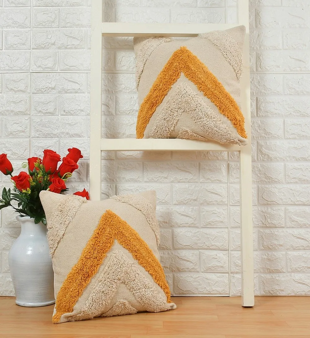 tufted cushion cover top triangles, yellow, off-white, 16x16, pack of 2