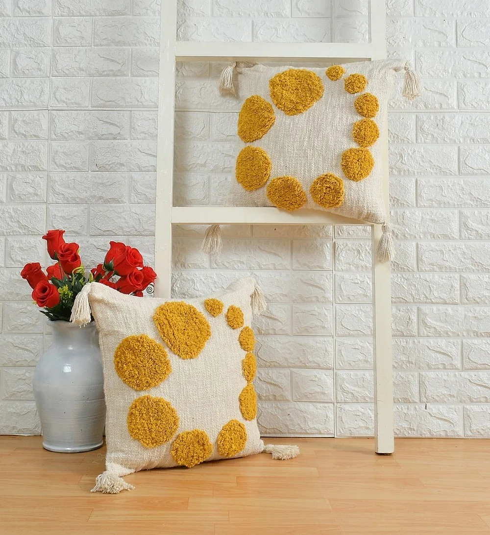 tufted cushion cover circle spiral, yellow, off-white, 16x16, pack of 2