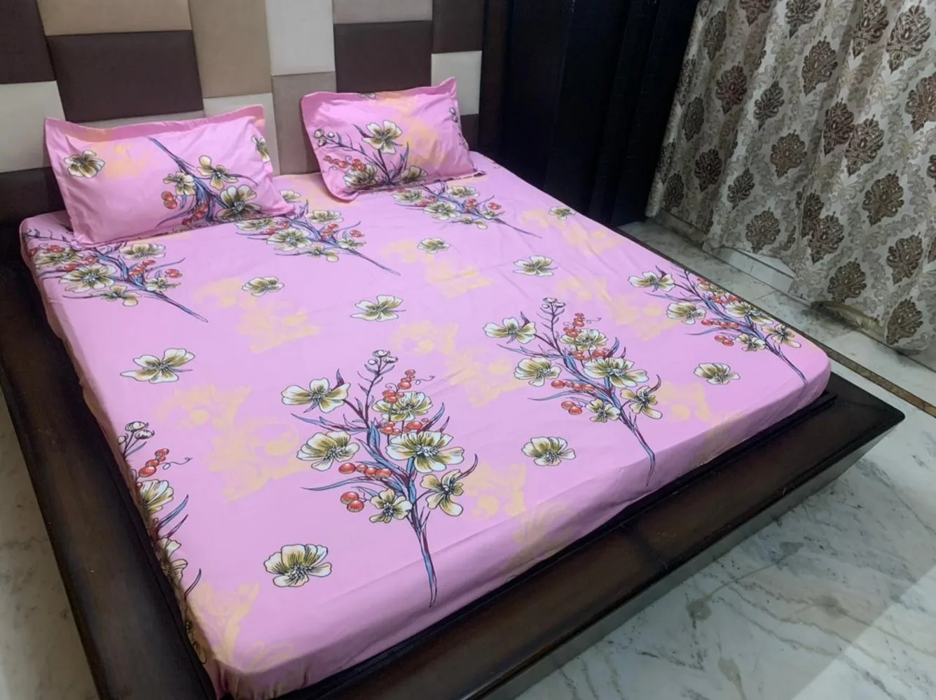bedsheet printed, fitted, elastic corner, 90x100, glace cotton, 2 pillow covers, pink floral design 1