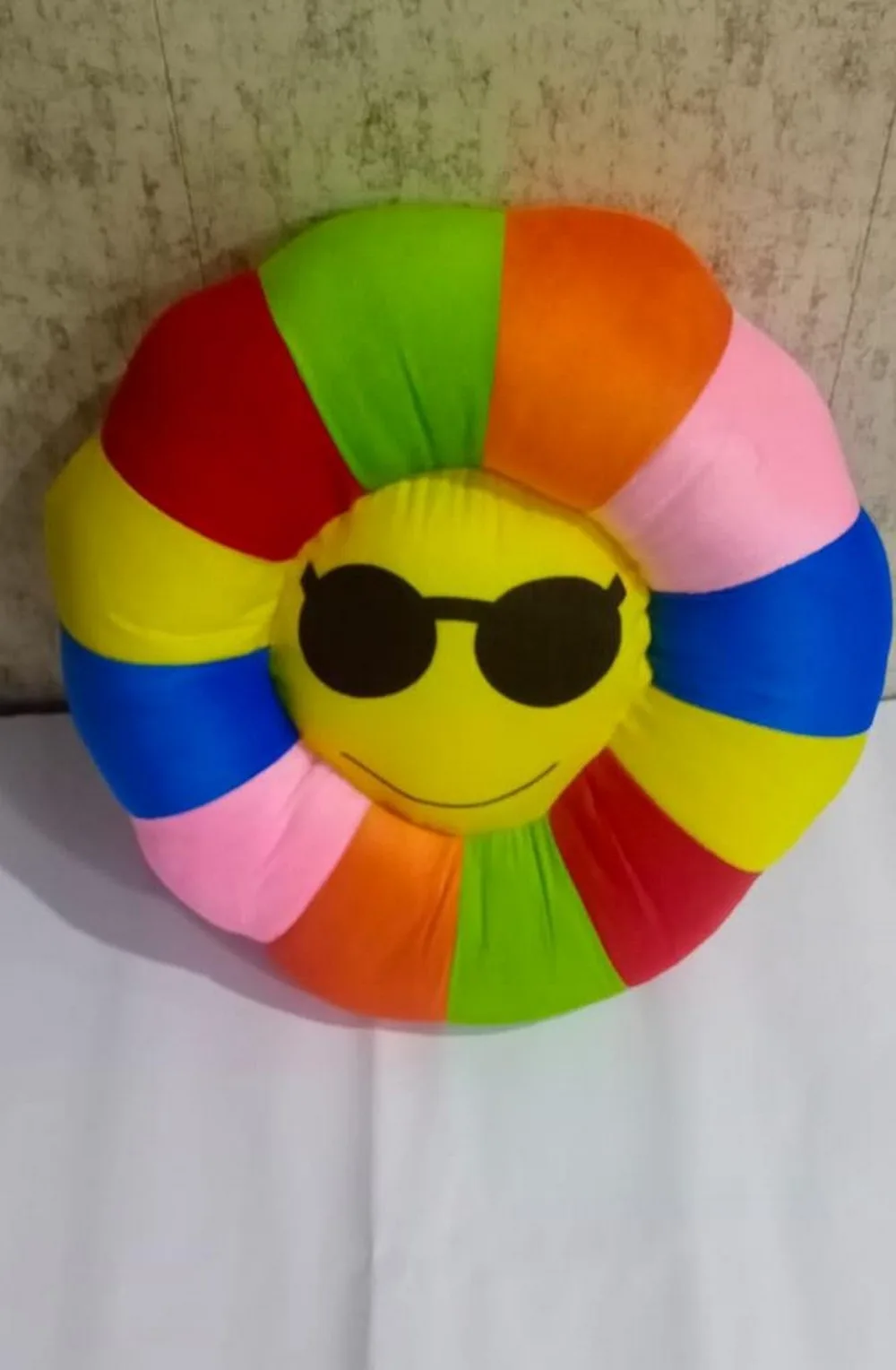 sunflower emoji colorful kids round cushion, 16x16, black goggles