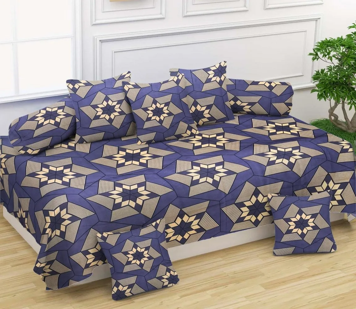 diwan set 1 bedsheet 60x90, 5 cushion cover 16x16, 2 bolster cover 16x30, 8 pieces, purple, star 1