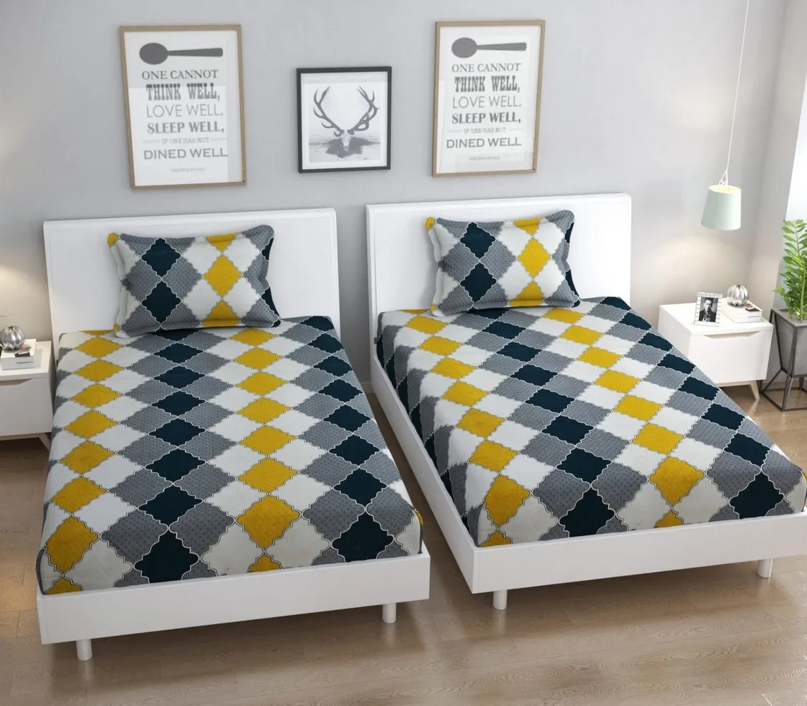 single bed bedsheet, 60x90, 1 piece, grey white yellow, diamond squares 1