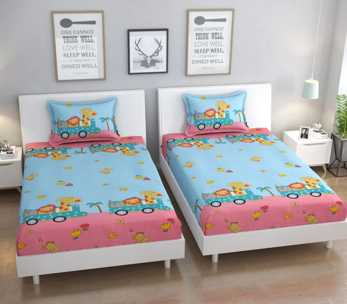 single bed bedsheet, 60x90, 1 piece, blue pink, cartoon animals 1