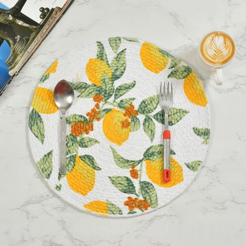 printed floral leaf cotton placemat round, yellow, green, 14 inches, 1 piece 1