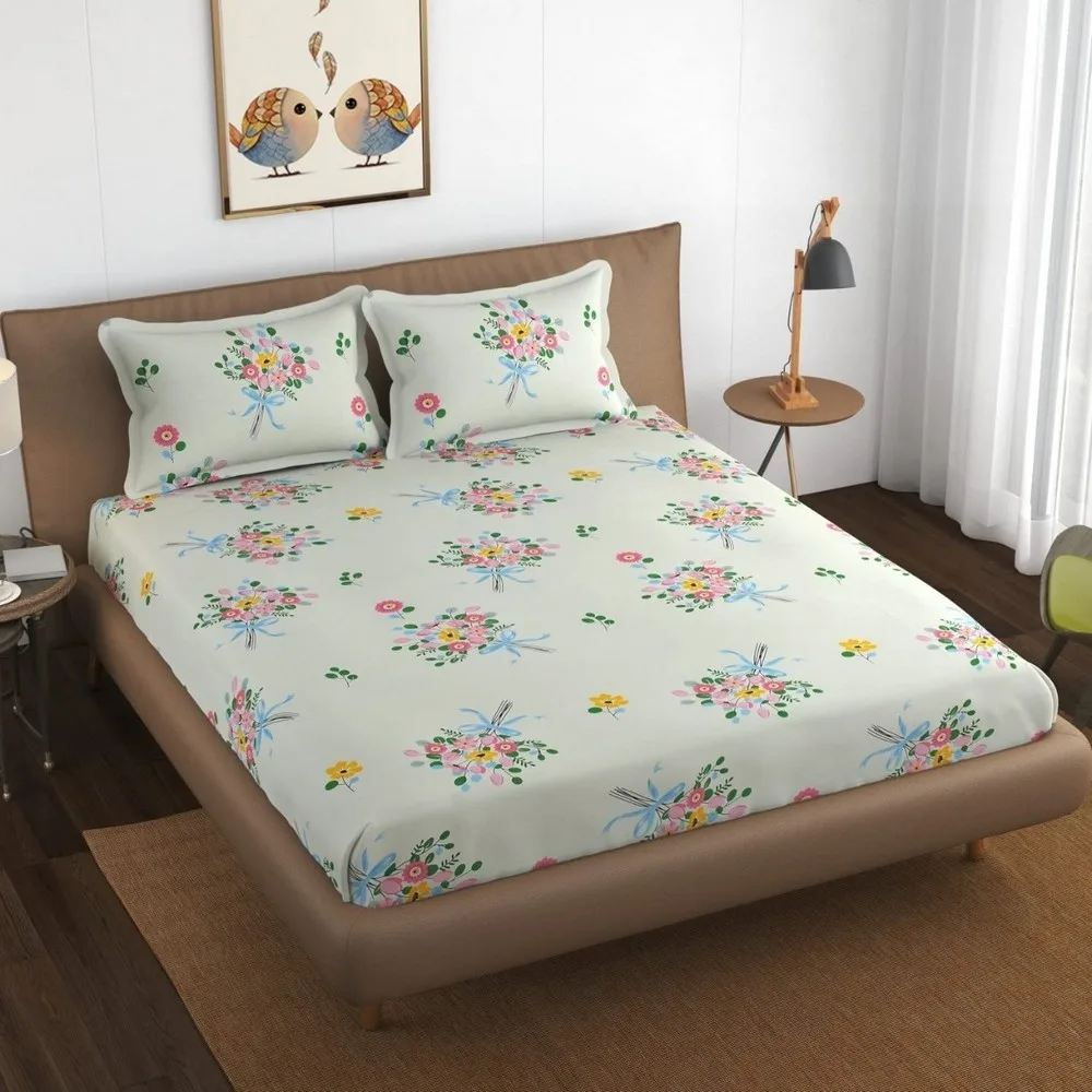 glace cotton printed bedsheet 150 gsm, 90x100, white, flowers 1