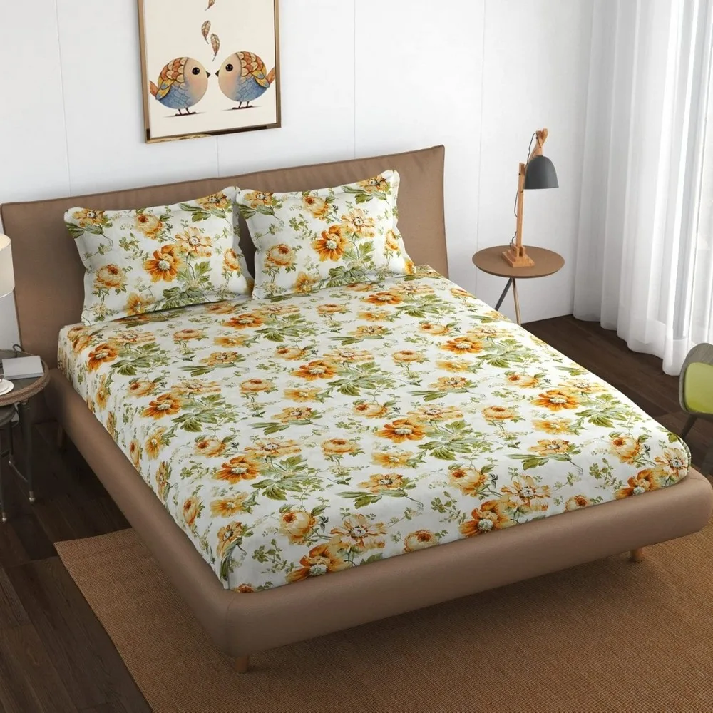 glace cotton printed bedsheet 150 gsm, 90x100, white brown, flowers 1