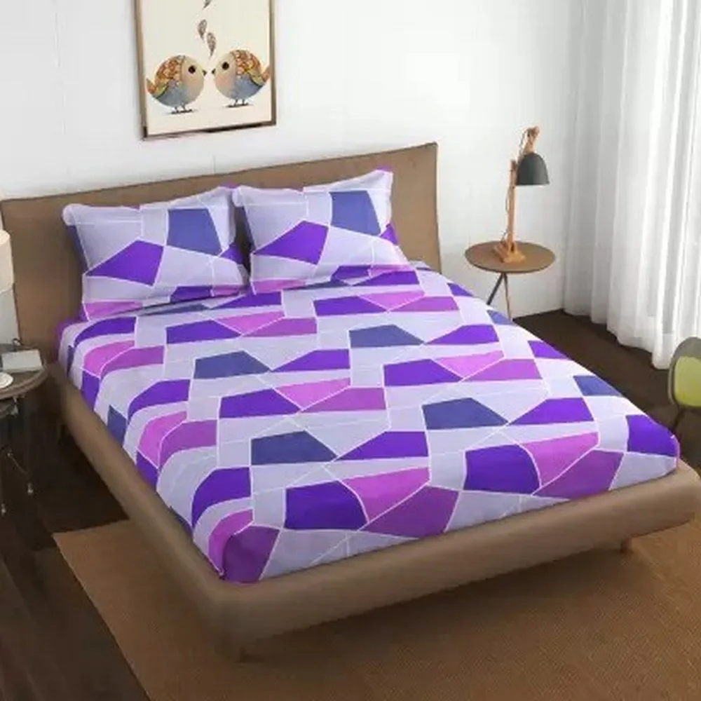 glace cotton printed bedsheet 150 gsm, 90x100, blue purple, shapes trapezium 1