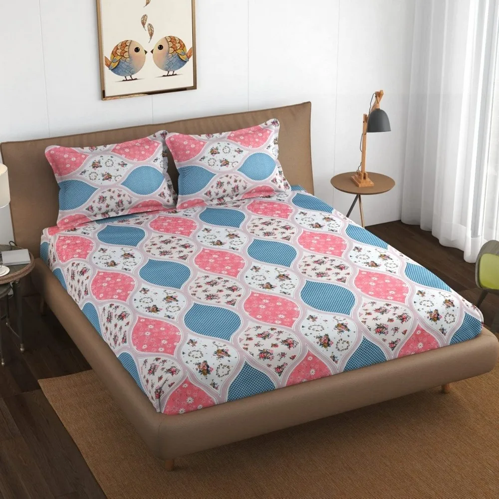 glace cotton printed bedsheet 150 gsm, 90x100, pink blue, curvy pattern 1