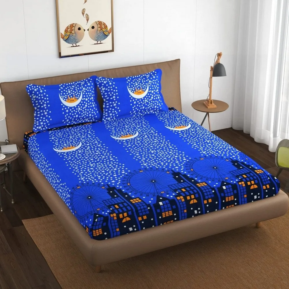 glace cotton printed bedsheet 150 gsm, 90x100, blue, building 1