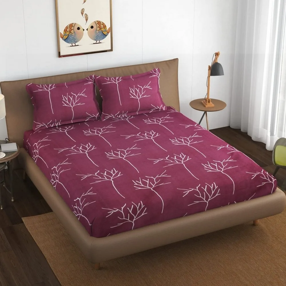glace cotton printed bedsheet 150 gsm, 90x100, maroon, tree branch 1
