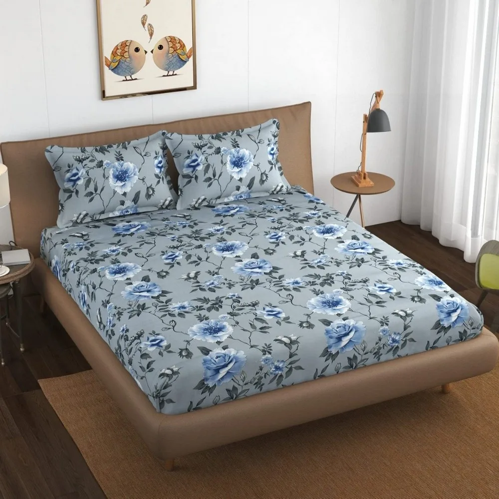 glace cotton printed bedsheet 150 gsm, 90x100, grey, blue, flower 1