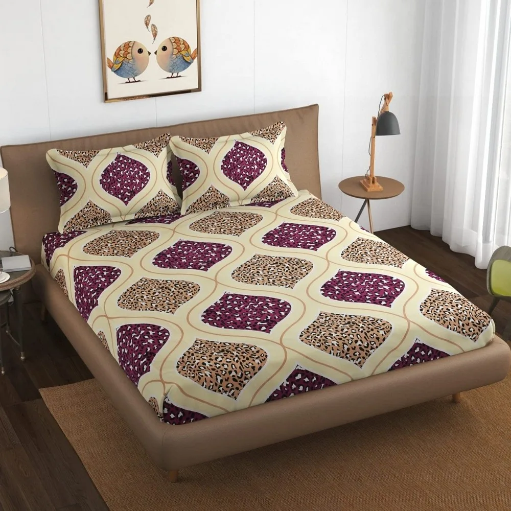 glace cotton printed bedsheet 150 gsm, 90x100, lite brown, curvy pattern 1