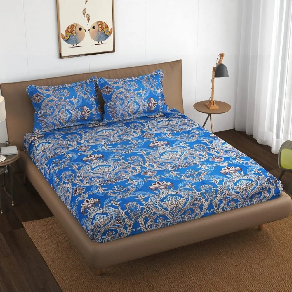 glace cotton printed bedsheet 150 gsm, 90x100, blue, motif 1