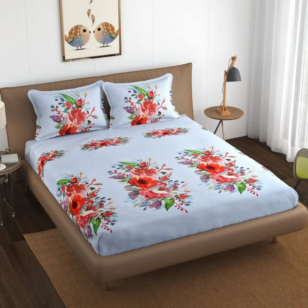 glace cotton printed bedsheet 150 gsm, 90x100, white red, flower 1