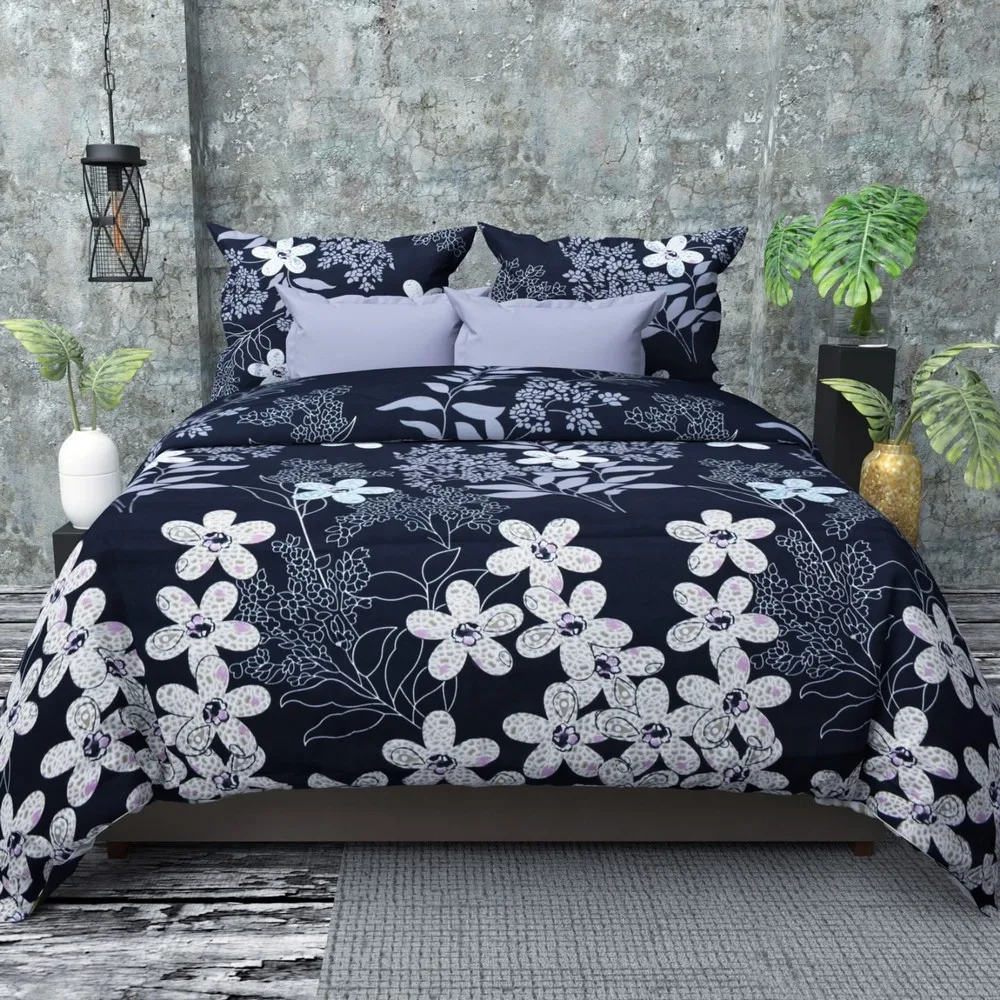 glace cotton printed bedsheet 150 gsm, 90x100, black white, flowers 1