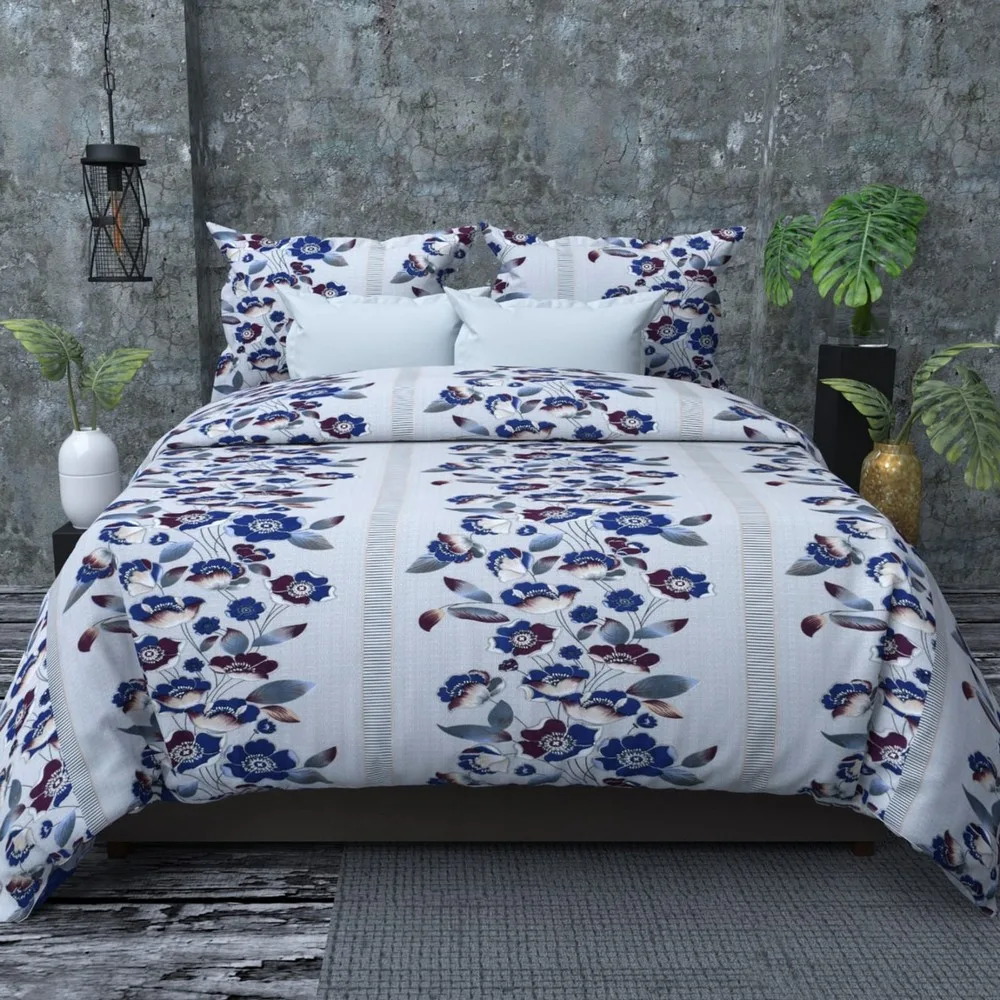 glace cotton printed bedsheet 150 gsm, 90x100, blue white, floral 1