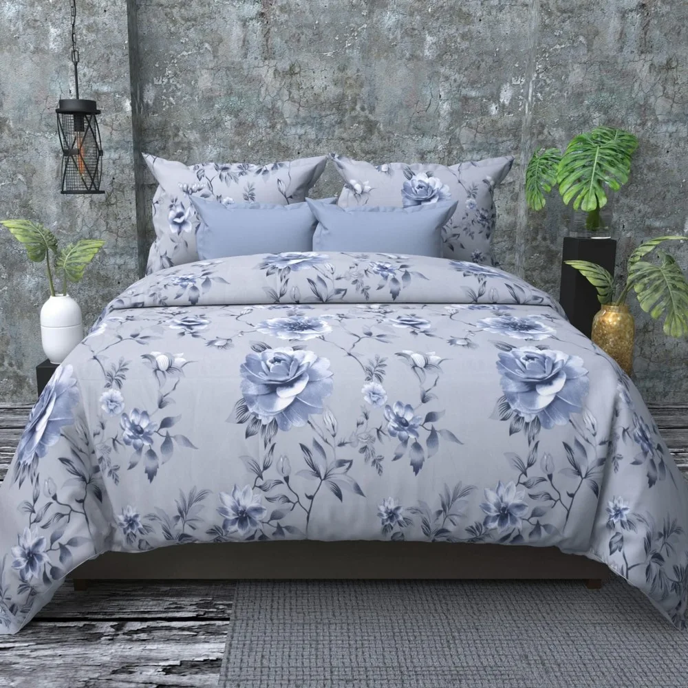 glace cotton printed bedsheet 150 gsm, 90x100, blue grey, floral 1