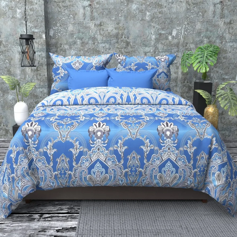 glace cotton printed bedsheet 150 gsm, 90x100, blue silver, crown 1