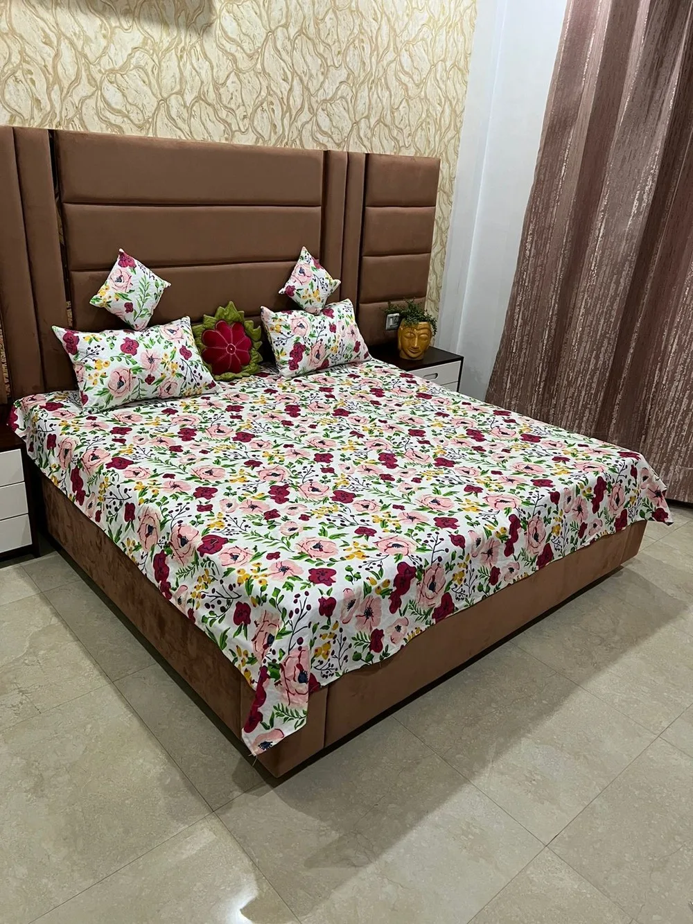 bedsheet set with quilted pillow cover, 6 pieces, floral, white