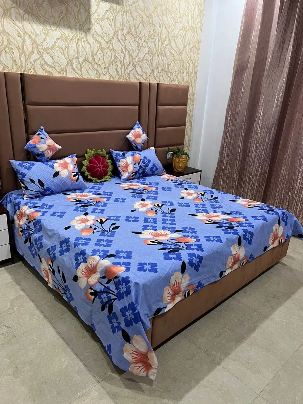 bedsheet set with quilted pillow cover, 6 pieces, floral, leaf blue