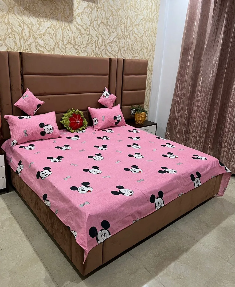 bedsheet set with quilted pillow cover, 6 pieces, mickey face, pink