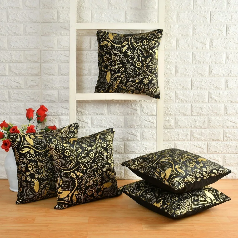 velvet foil print cushion cover, 16x16, golden bird print, black bg 1