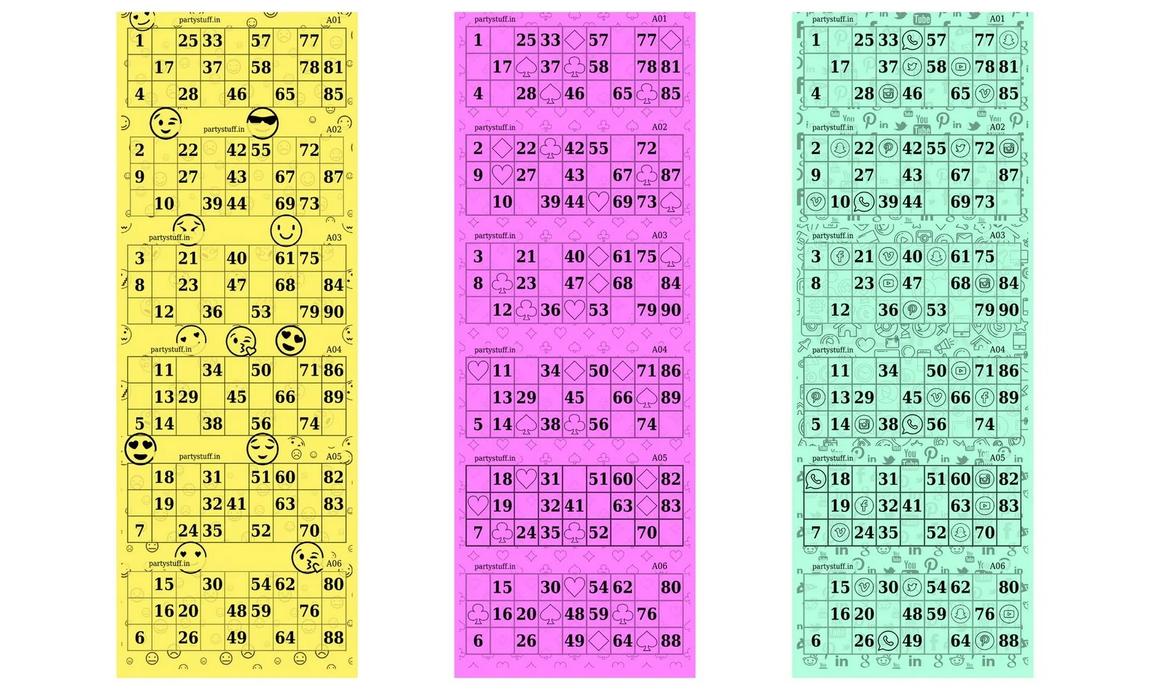 Pattern Tambola Housie Ticket Loose Sheets, emoji, casino, social network (3 designs), 180 Sheets, 1080 tickets