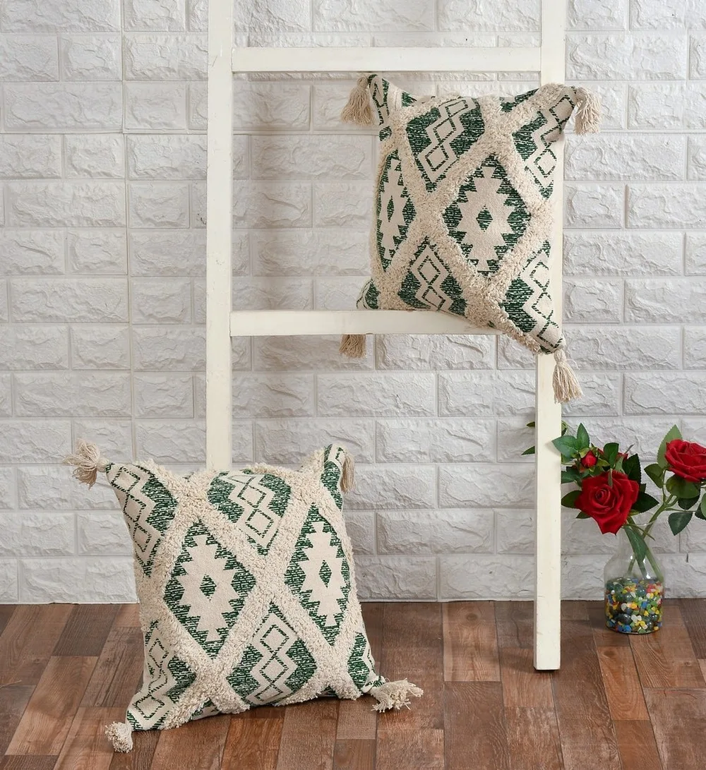 Tufted square floral printed cushion cover, 16x16, Green