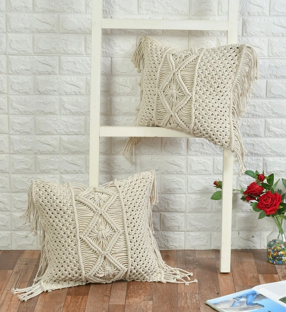 Macrame cushion cover fringes, knot, center diamonds knot, 16x16, off-white