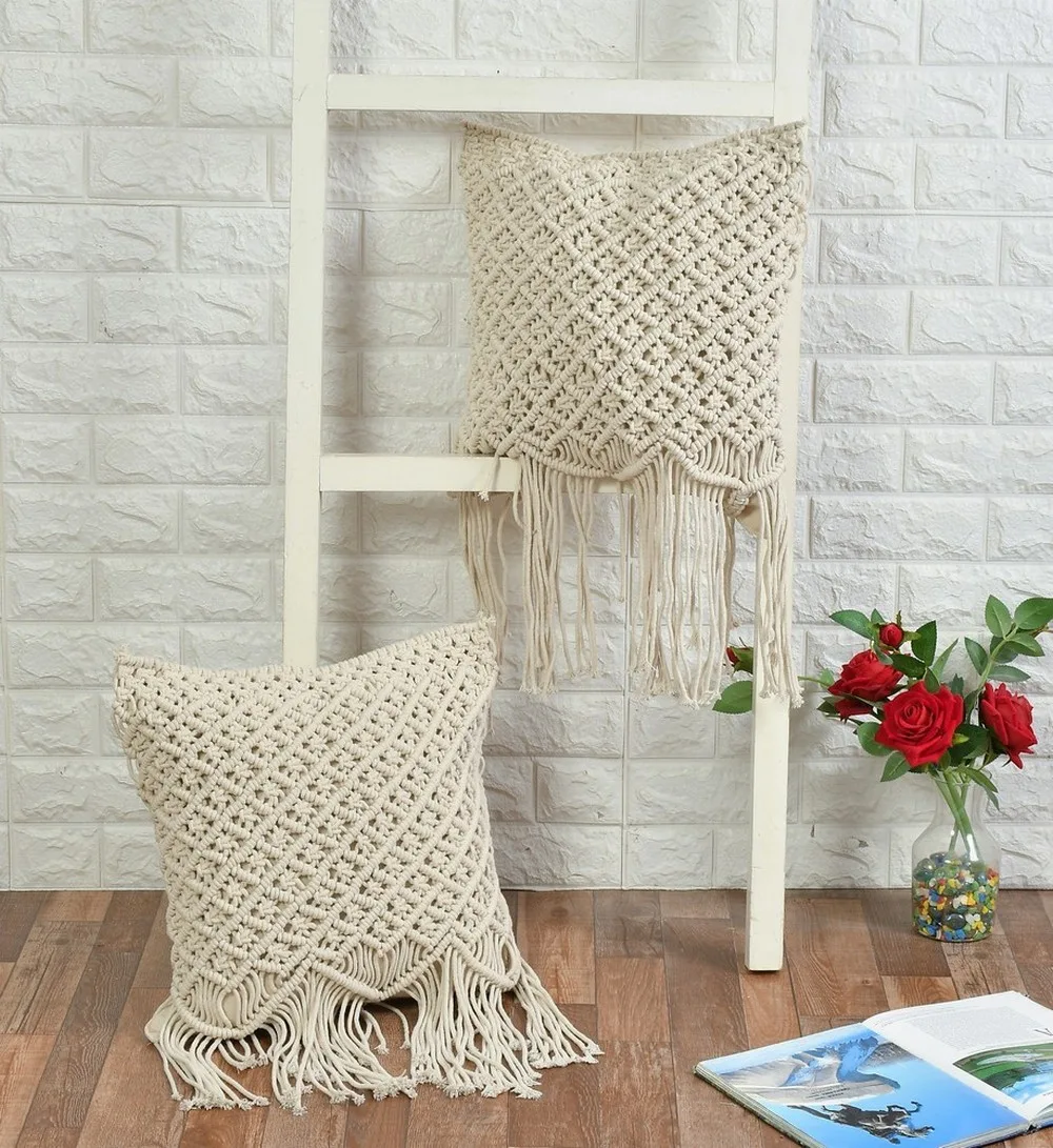 Macrame cushion cover top pattern, small diamonds knots, fringes, 16x16, off-white