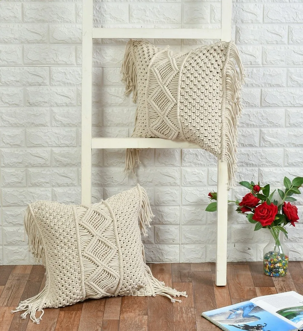 Macrame cushion cover fringes, knot, center diamonds lines, 16x16, off-white