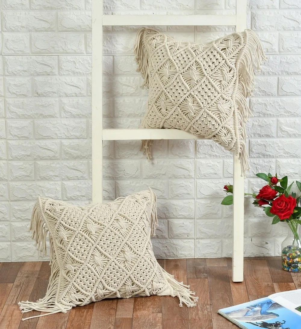 Macrame cushion cover diamond knott, criss cross, 16x16, off-white