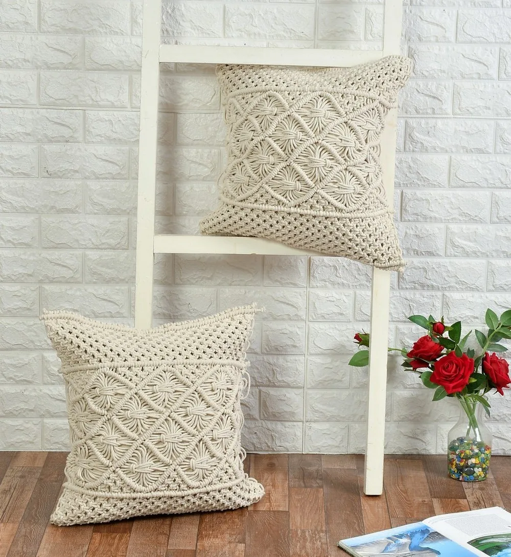 Macrame Cushion Cover top bottom small knots, center diamond knots, 16x16, off-white