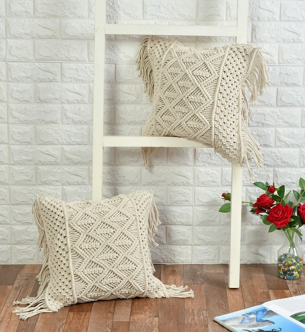 Macrame Cushion Cover top bottom small knots, center diamond vertical knots, 16x16, off-white