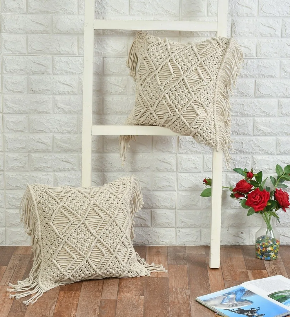 Macrame Cushion Cover diamond small knots, inner diamond, 16x16, off-white