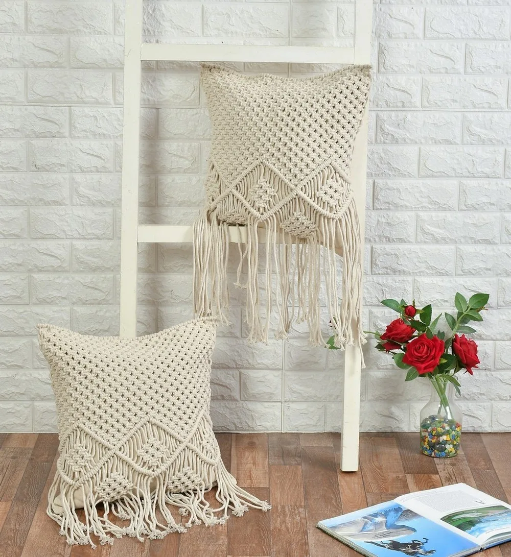 Macrame Cushion Cover top small knots, center diamond squares, bottom fringes, 16x16, off-white