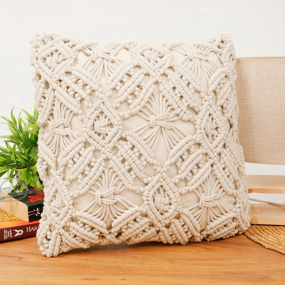 Macrame Cushion Cover leaf, knots, 16x16, off-white