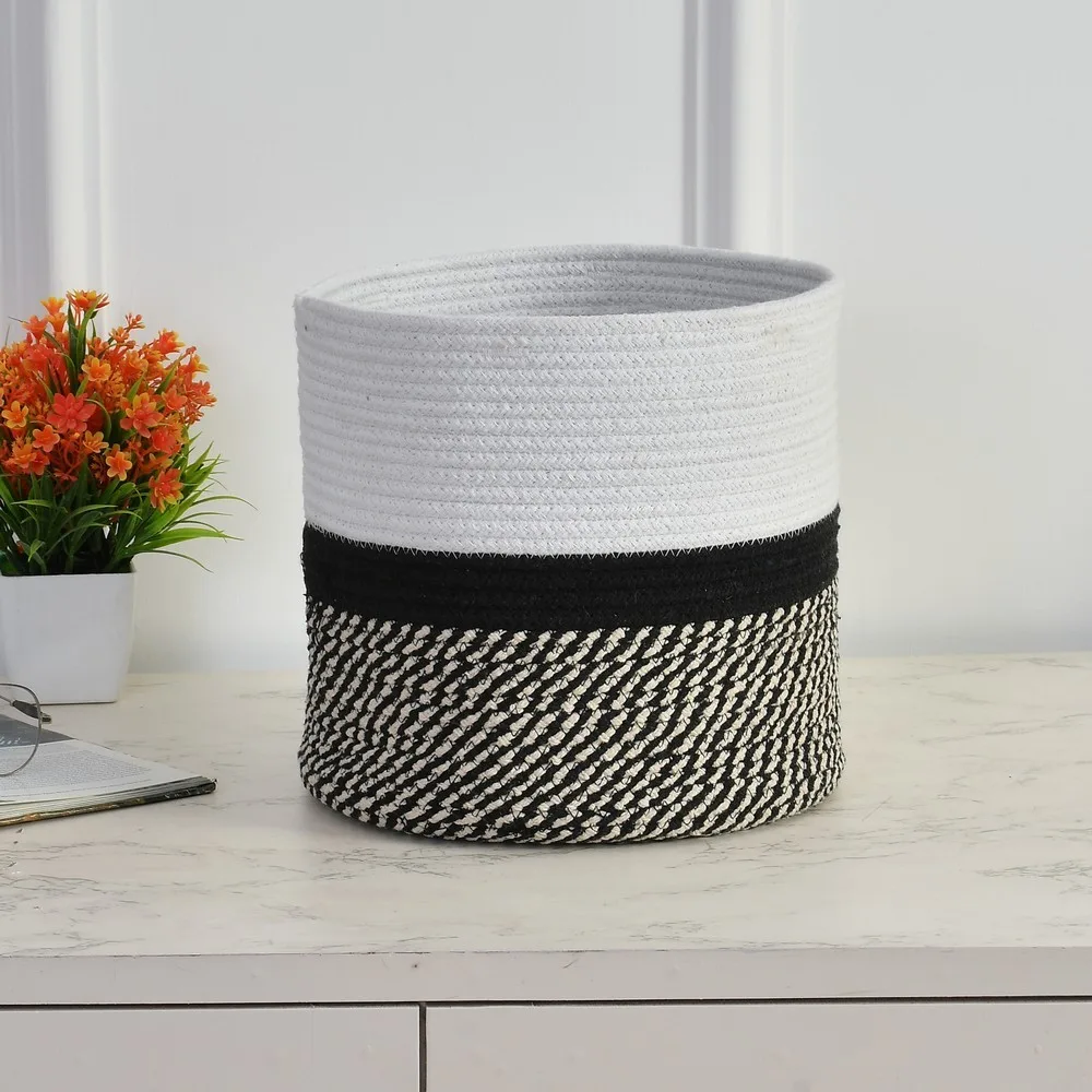 Cotton storage basket top plain white, center strip black, bottom criss cross, 11x11