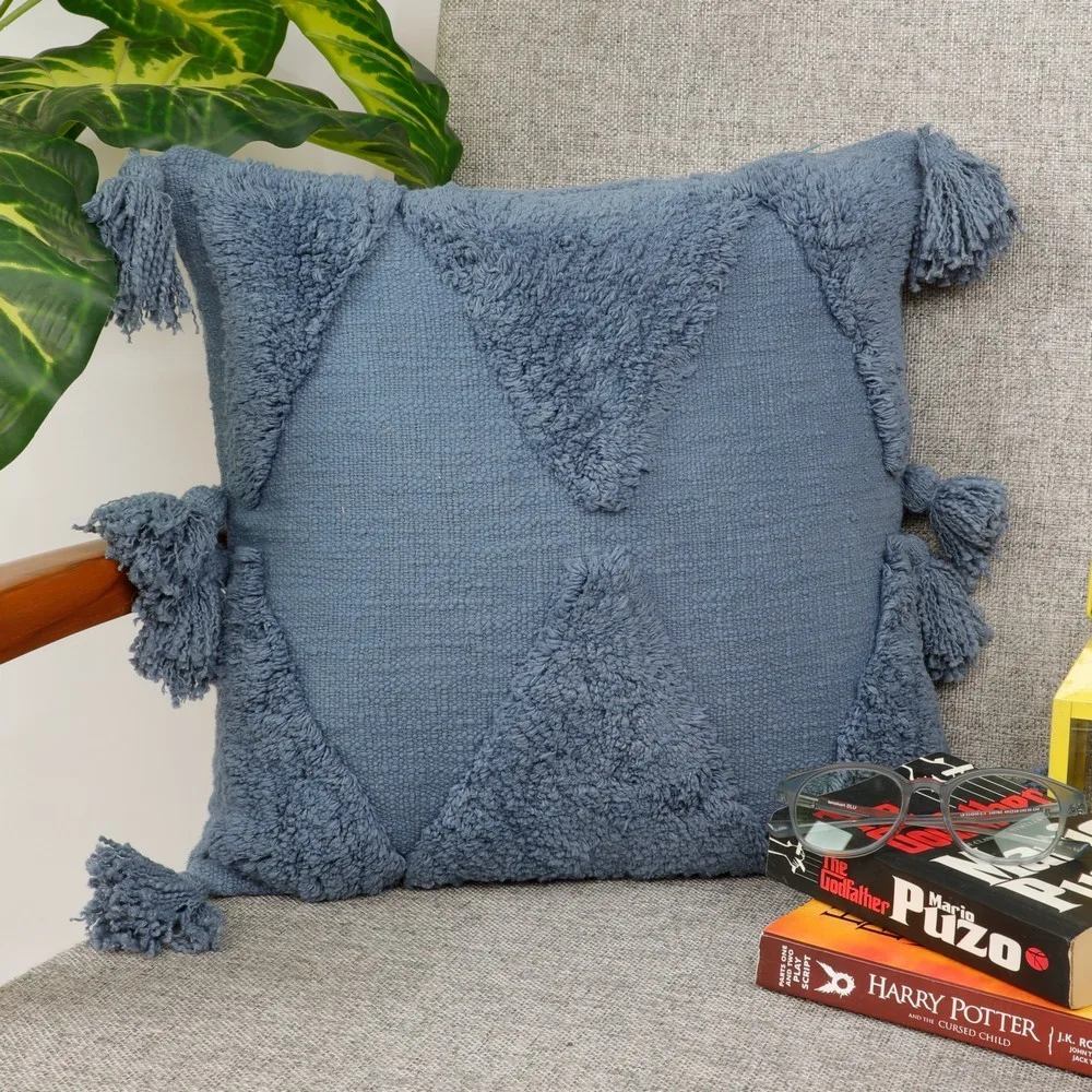 Tufted cushion cover tassles, top bottom triangles, 16x16, blue