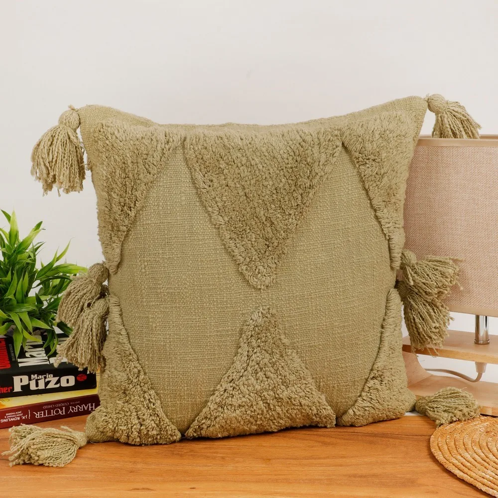 Tufted cushion cover tassles, top bottom triangles, 16x16, olive