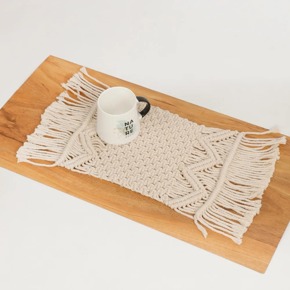Macrame placemat side triangle, small knots, 20x35, off-white, 1 piece